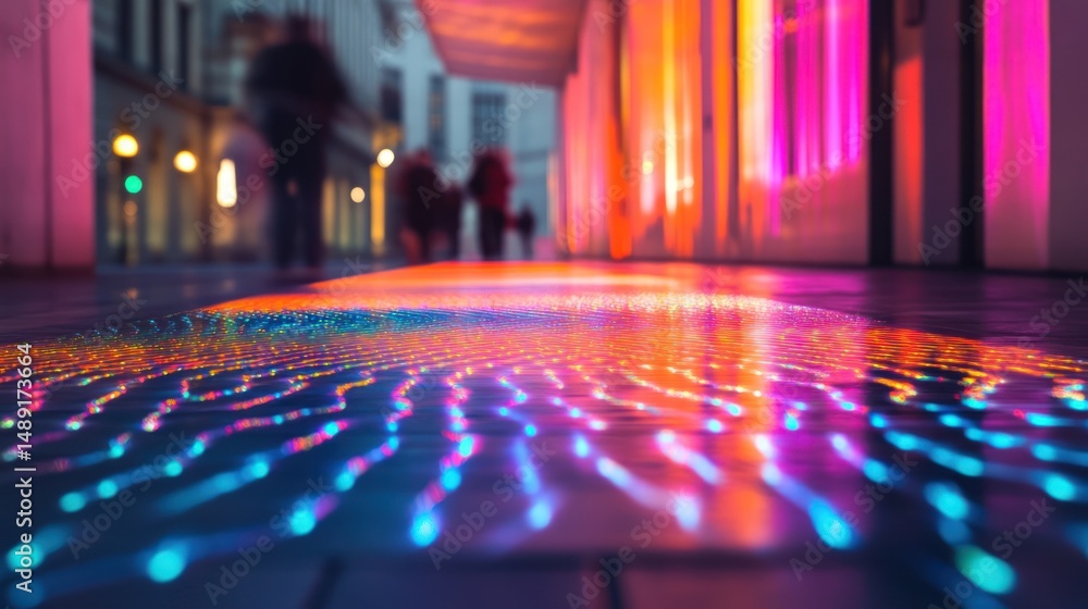 Poster vibrant cityscape pavement with colorful reflections and abstract light patterns