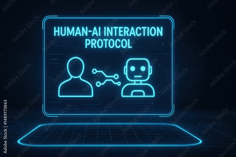 Poster human and ai interaction protocol visualization in futuristic digital environment