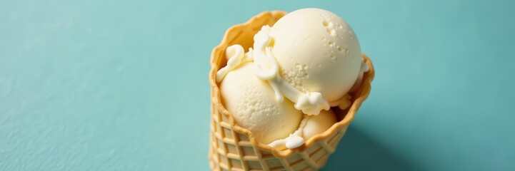 Overhead view of vanilla ice cream in waffle cone, summer, scoop, indulgence