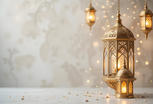 Celebration of islamic eid mubarak and eid al adha lantern in a light background, with copy space