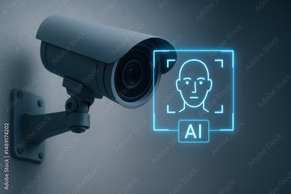 Poster ai technology in surveillance system with modern security camera and facial recognition feature
