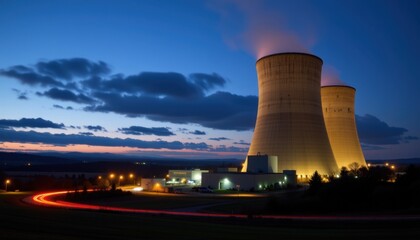 Power plant operation at dusk nuclear facility industrial photography urban environment low angle view energy production