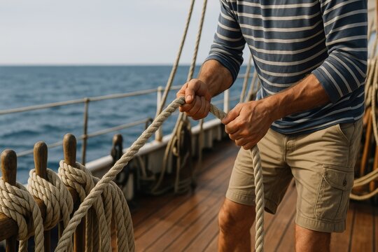 Man Tending to Nautical Rope on Deck of Traditional Sailboat under Clear Sky