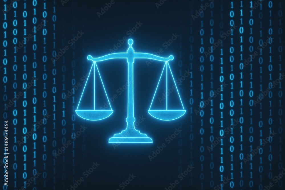 Poster digital scale of justice in neon light with binary code background representing technology and law