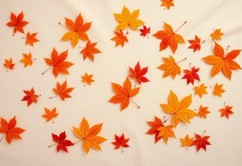 Pastel backdrop, beige fabric, scattered maple leaves Minimal autumn composition Top view, foliage, minimalist