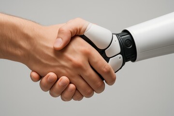 Human and Robot Handshake Symbolizing Partnership and Cooperation in Technology and Innovation