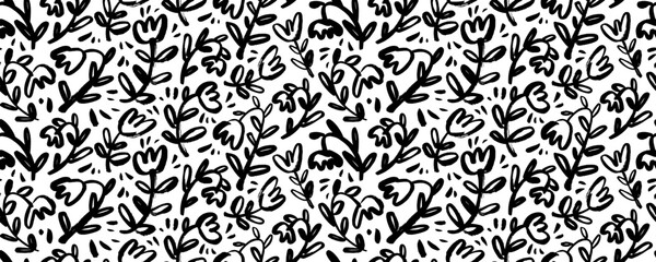 Seamless pattern with brush drawn bold flowers and stems. Chamomile hand painted vector background.