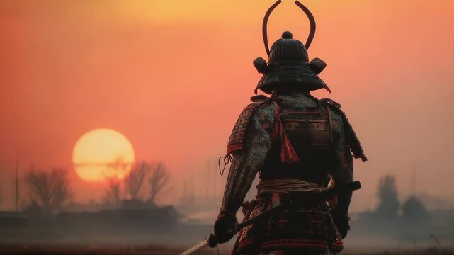 夕日を背に刀を携える侍