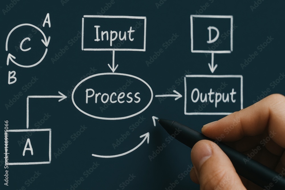 Aufkleber flowchart illustration of input, process, and output in a black and white concept diagram