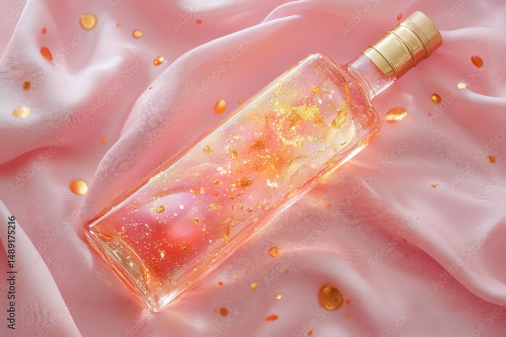 Poster a rectangular glass bottle with a golden design on a pink fabric surface.
