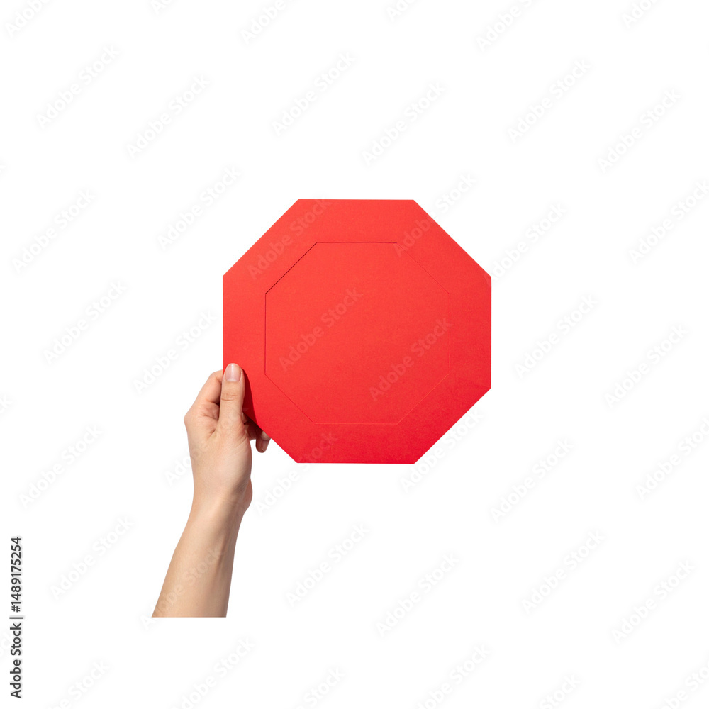 Poster red octagon shape mockup held in a hand isolated card on transparent background