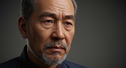 Thoughtful older Asian man with graying beard poses in a studio shot