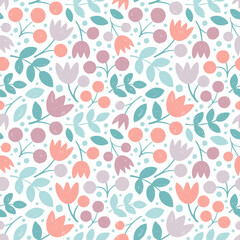 Pastel colored botanical seamless pattern with crayon drawn branches, leaves, flowers and berries. Hand drawn vector decorative wrapping paper. Naive funky wallpaper in childish girly style.