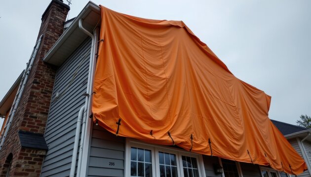 Roof damage repair process with protective covering residential home construction project urban setting close-up home maintenance