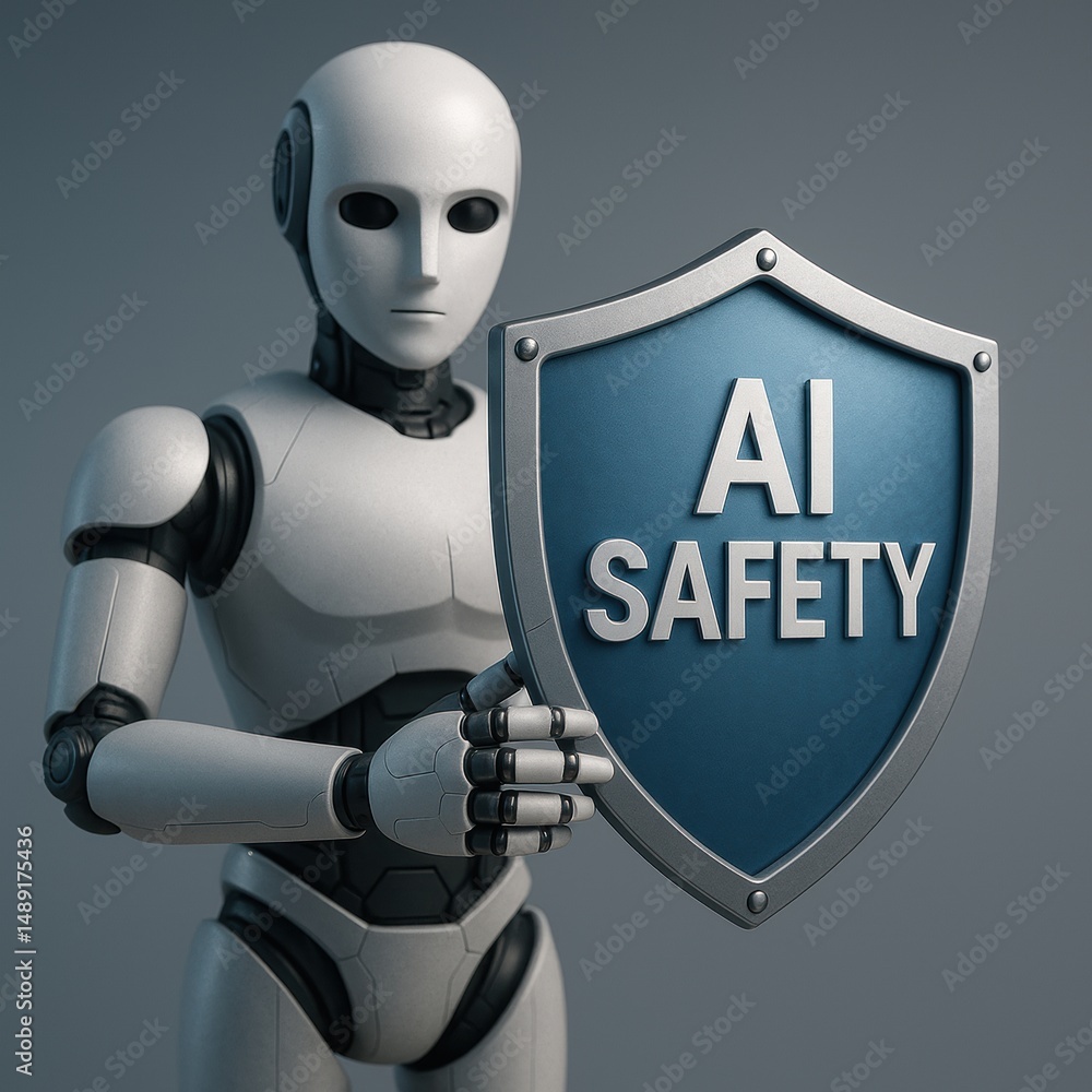 Poster robot with shield promoting artificial intelligence safety and assurance concept