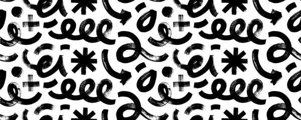 Bold brush drawn geometric shapes and squiggle lines seamless pattern. Doodle grunge background.