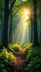 Peaceful woodland with sun rays filtering through the trees, vector illustration, serene, tranquil