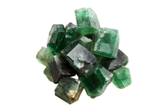 Many green rough uncut emerald crystals isolated on transparent background
