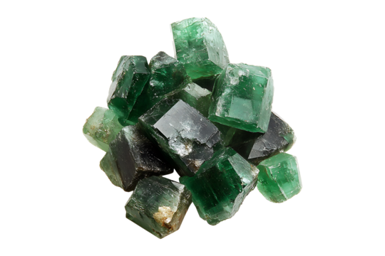 Many green rough uncut emerald crystals isolated on transparent background

