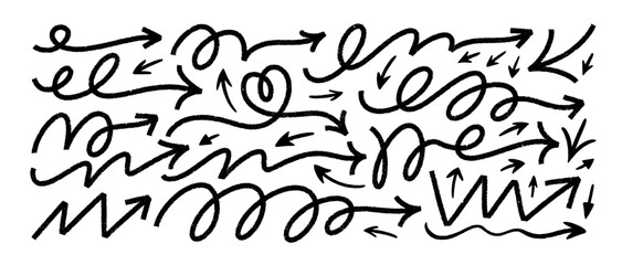 Crayon drawn funky arrows, whimsical bold doodle lines. Black squiggle thick linear arrows.