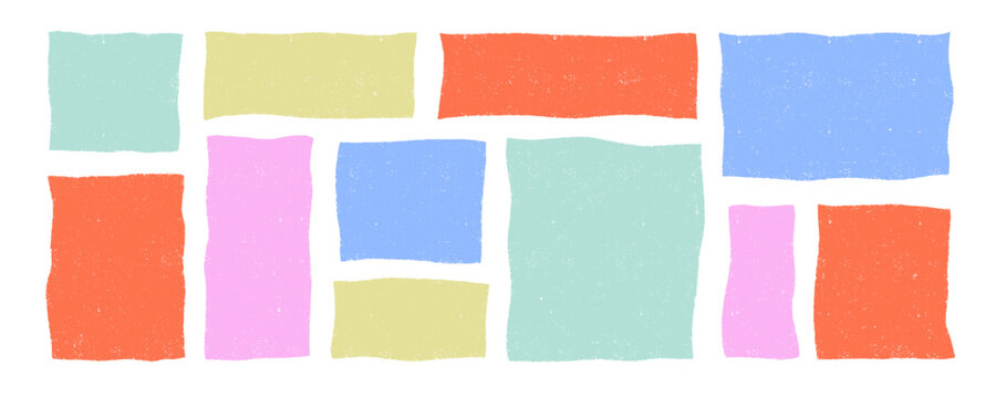 Vector wavy rectangles with grain texture, irregular colorful text boxes. Crayon drawn squares and rectangles with wavy rough edges. Organic grunge text boxes, geometric shapes or empty speech bubbles