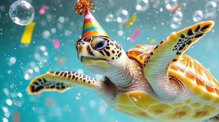 Sea turtle party underwater celebration with bubbles and confetti