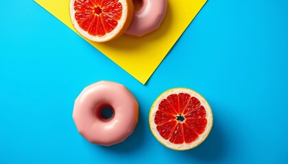 Pink donuts on yellow, halved grapefruit on blue Healthy vs unhealthy food concept, healthy, generative ai