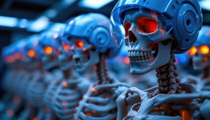 Futuristic robotics experiment featuring skeletons in a high-tech laboratory science fiction dark environment close-up view