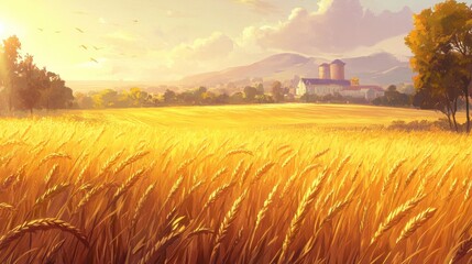 Golden Wheat Field Under Blue Sky with Distant Farm Landscape