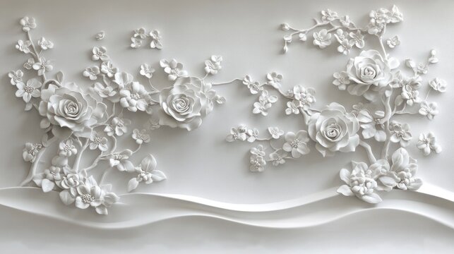 White roses and cherry blossoms bas relief wall decor elegant 3 d floral texture