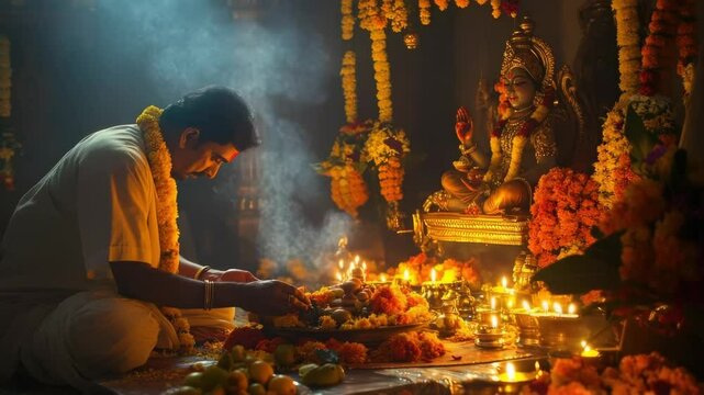 People celebrating the festival with joyful dance and heartfelt prayers to the divine, surrounded by vibrant colors and cultural rhythms.