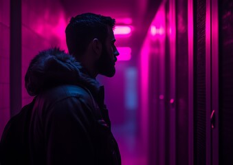 Man in neon hallway