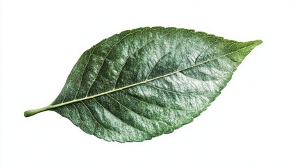 Obraz premium Single Green Leaf on White Background Representing Natural Beauty