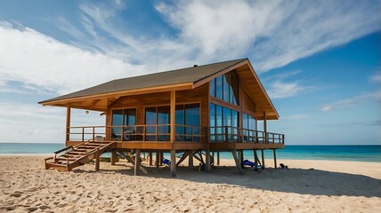 Fototapeta premium Beach house with kayaks pulled up on the sand and snorkeling gear nearby