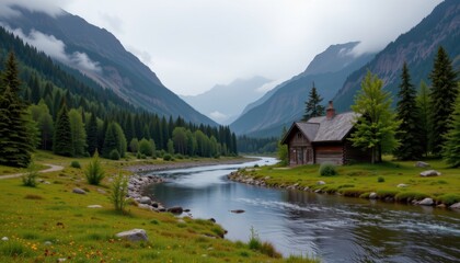 Fototapeta premium Tranquil river scene with rustic cabin majestic mountains nature photography peaceful environment eye-level perspective