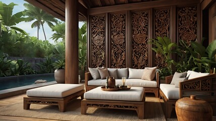Fototapeta premium Balinese-inspired tropical terrace, carved wood details, 3D realistic render