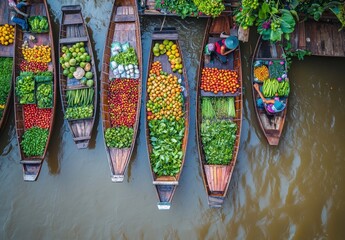 Vibrant Market Scene with Colorful Wooden Boats and Fresh Produce