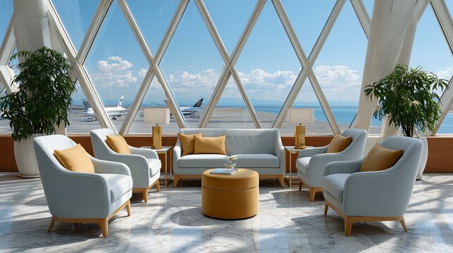 A contemporary airport lounge with unoccupied bucket seats, polished terrazzo floor, and the silhouette of a jetliner framed perfectly by the terminalâ€™s geometric window grid