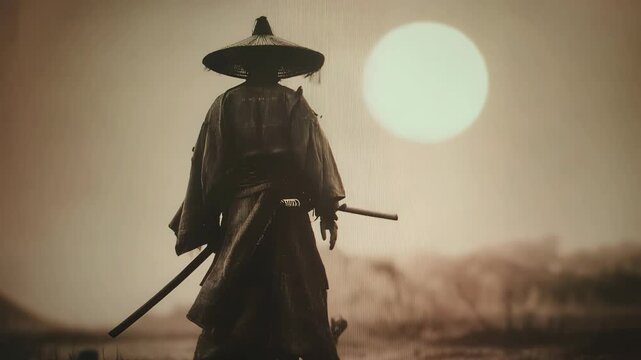 夕日を背に刀を携える侍