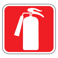 Emergency fire extinguisher sign , white firefighting equipment icon on a red square background , vector illustration