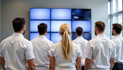 Fototapeta premium Team briefing session corporate office group meeting modern workspace rear view collaboration dynamics