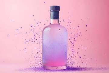A glass bottle with a vibrant splash effect on a pink backdrop.