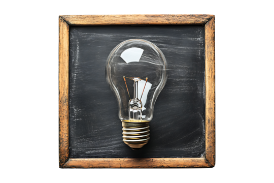 Light bulb drawn on a school blackboard isolated on transparent background