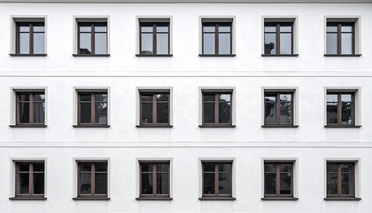 Fototapeta premium 古い白塗り住宅のファサードと規則的な窓のリズム