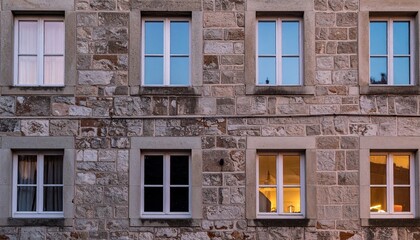 Fototapeta premium 柔らかな夕日が照らす石造り住宅の壁面、控えめに輝く正方形窓