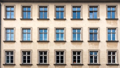 Obraz premium 縦に一直線に並ぶ正方形窓が映える伝統的古い住宅のシンメトリックなファサード