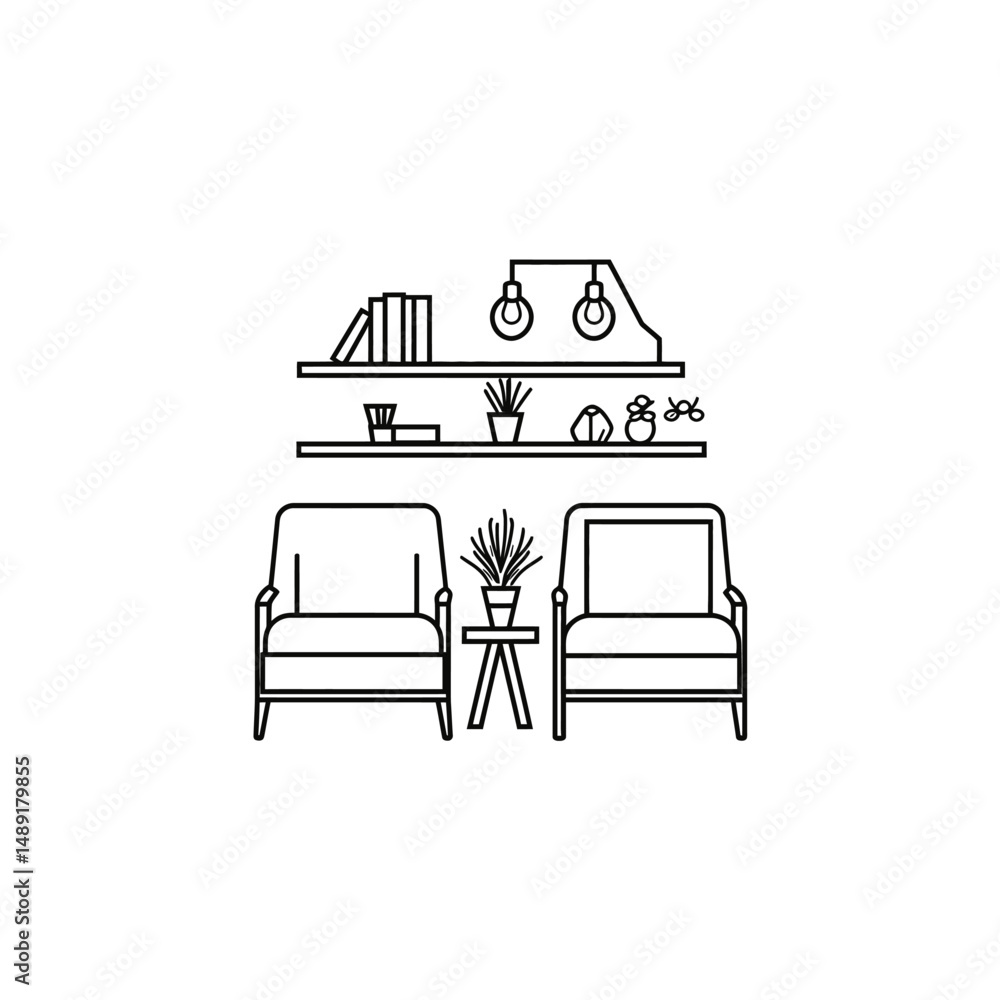 Poster minimalist line icon of two armchairs with a table and shelf sits on transparent background