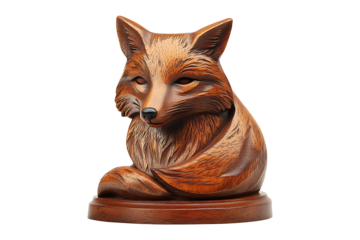 Mahogany wooden engraving Fox head trophy isolated on transparent background
