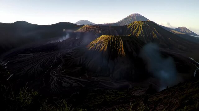 Volcanic Caldera Timelapse as Evening Shadows Engulf the Ancient Peaks