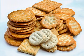 A variety of crispy crackers piled together in an appetizing arrangement.